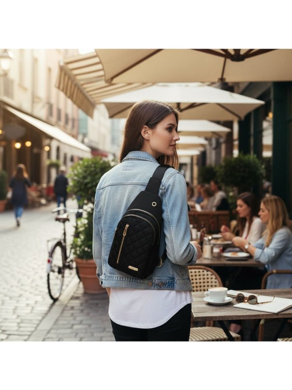 Quilted Black Nylon Sling Backpack With Gold Zippers & Adjustable Strap Lightwei - Picture 2 of 7